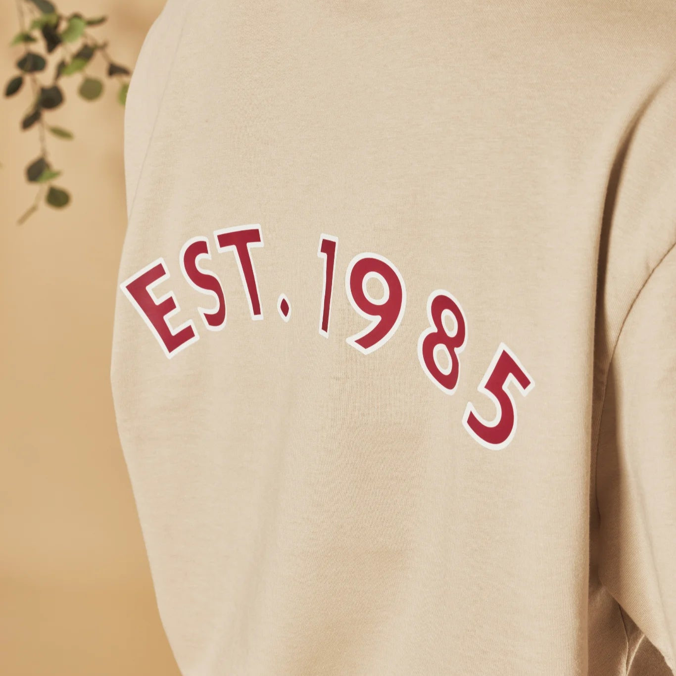 Natural stone t-shirt with 'EST. 1985' text on a beige background
